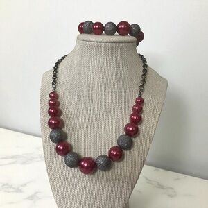 Duo: Elegant Burgundy and Gray Sparkly Beaded Necklace & Bracelet Set